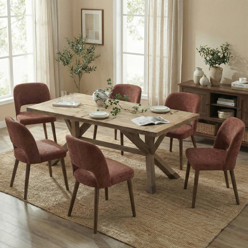  Upholstered Chenille Modern Dining Side Chairs with Solid Wood Legs for Dining Room Set of 6, 6, Rust