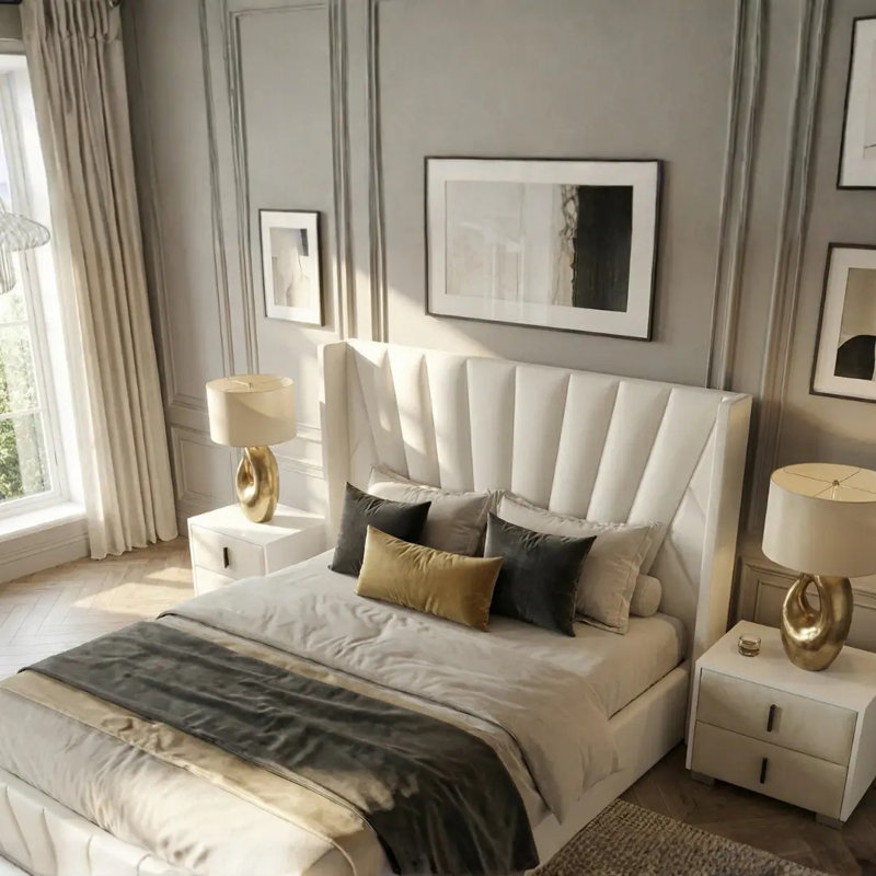 Iginia Upholstered High Headboard Storage Bed w/Hydraulic Gas Lift, Wood Slat System & Under Bed Storage, Ivory, King