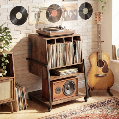 Record Player Stand with Charging Station, Vinyl Record Storage Organizer Brown Rustic Brown