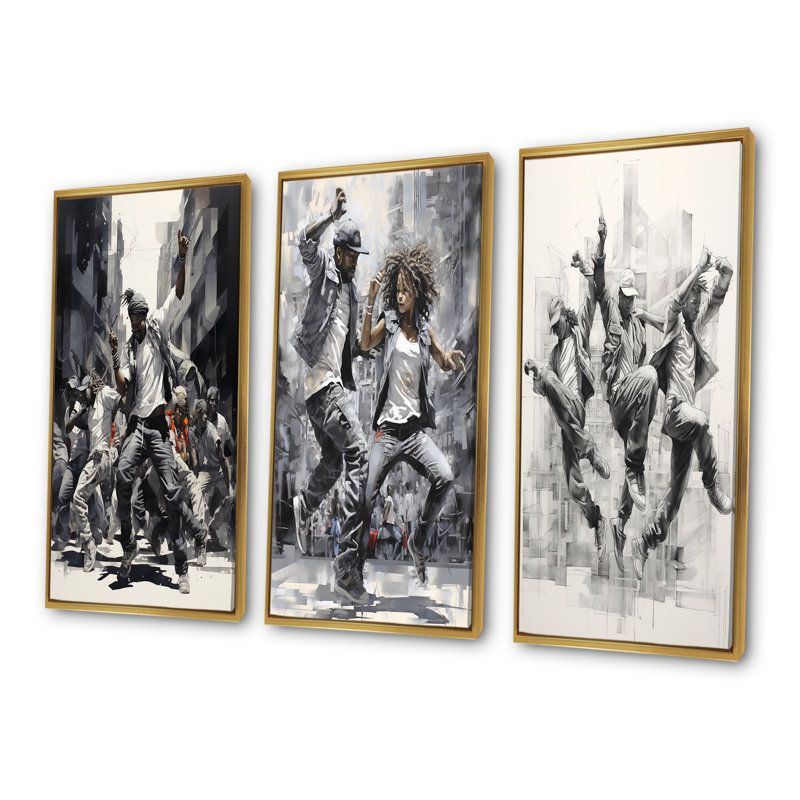 Ensemble de 4 décorations murales noires et blanches Hip Hop Dance, Cadre flottant doré, H 32 po x l 48 po
