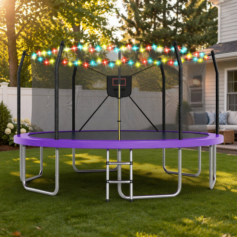 Trampoline 16 pi avec lumières DEL et panier de basketball sécuritaire et durable pour le plaisir en famille, Purple