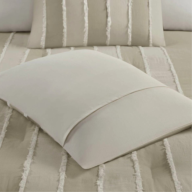 Ensemble d'édredon 3 pièces en taupe double / grand - 100% coton, rayures alternées, rembourrage, garniture, entretien, lavage