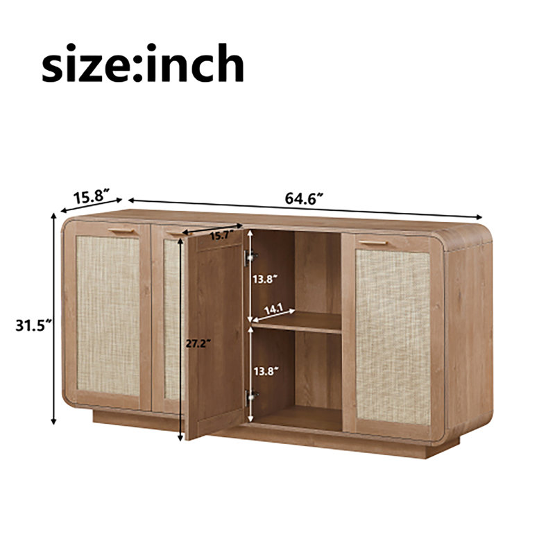 Buffet en rotin avec 4 portes, base robuste intégrée, parfait pour le salon, la cuisine et la salle à manger, caramel