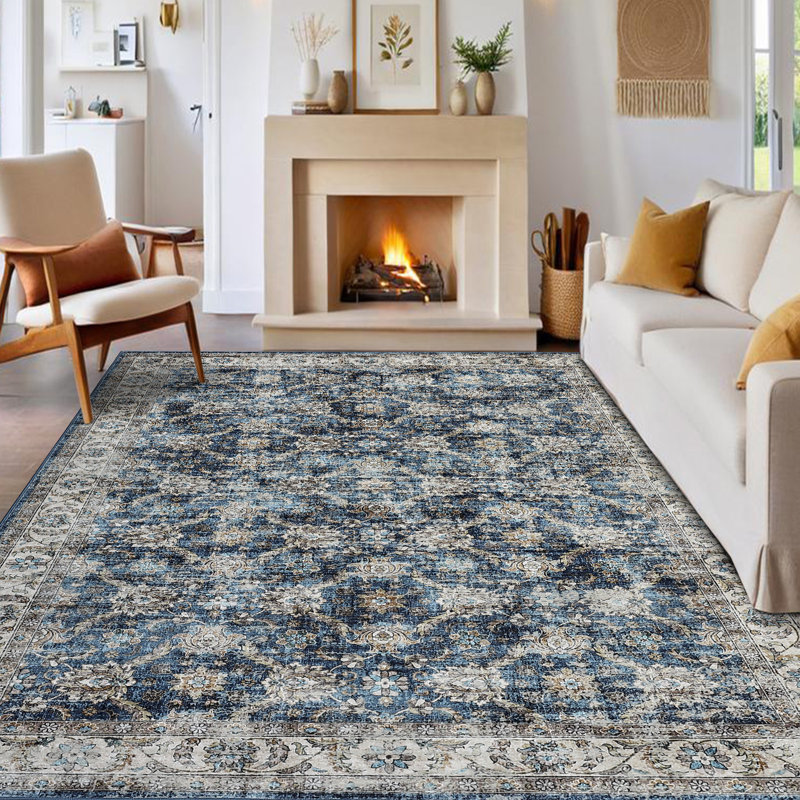 Vintage Area Rugs Floral Print Floor Carpet with Non-Slip Backing Oriental Distressed Indoor Mat Stain-Resistant Low Pile Accent Rug for Bedroom Kitchen Laundry