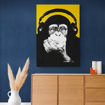 Monkey Headphones Thinking - Wrapped Canvas Print