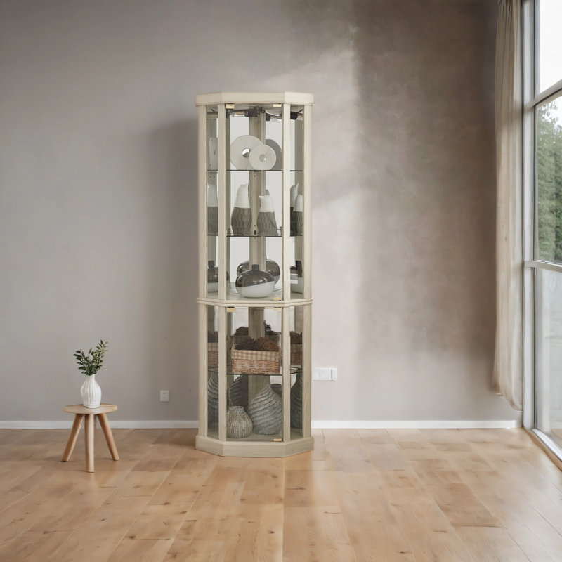 Corner Lighted Curio Cabinet Corner Glass Cabinet Lighted Curio Cabinet Corner Display Case for Living Room, Curio Cabinet, Antique collection, Wine,Bar Glass Storage Light Included,Light oak