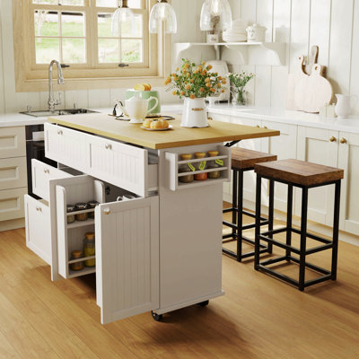Farmhouse Kitchen Island With Drop Leaf And 2 Seatings, Kitchen Table Set With Storage Cabinet, Drawers, Door Shelves And Power Outlet