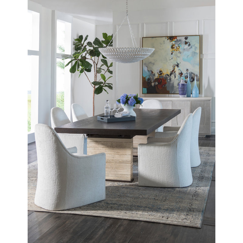 Contemporary Mocha Brown Extendable Dining Table with Travertine Base