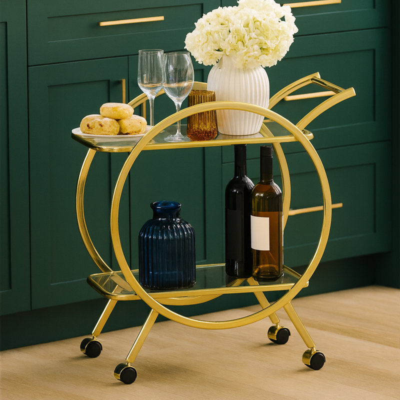 2 Tier Tea Wine Serving Cart for Kitchen, 81.5cm Drinks Metal and Tempered Glass Bar Trolley, Gold