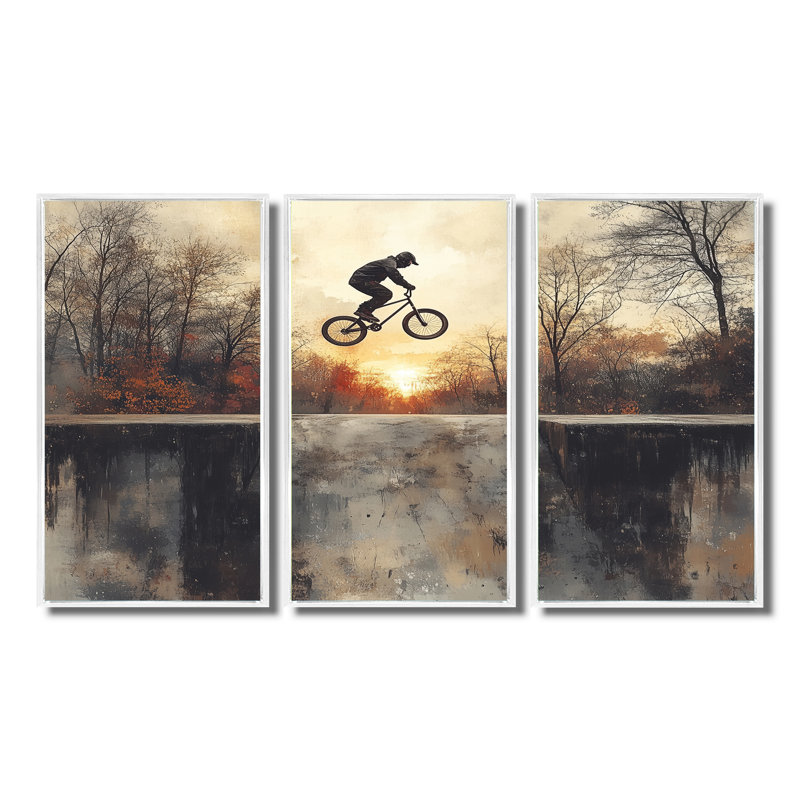 «Black Street Bmx Bike Tricks - Cycling», ensemble d'art mural, Toile encadrée flottée blanche, H 28 po x l 36 po x P 1 po