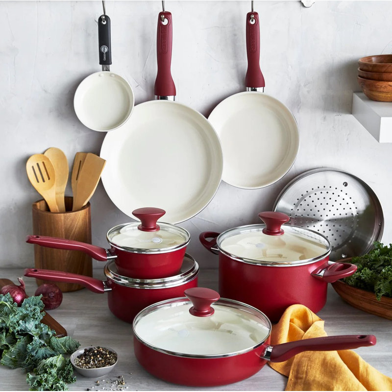 GreenPan Rio Healthy Ceramic Nonstick 16 Piece Cookware Pots and Pans Set, PFAS-Free, Dishwasher Safe, Red