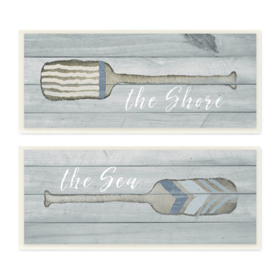 " Shore And Sea Oars Beach Ocean Coast Textured Wood Painting " 2 - Pieces