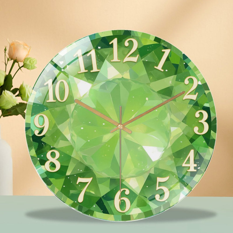 Green Gem Clock Face With Numbers Art - 12'' Modern Glass Wall Clock