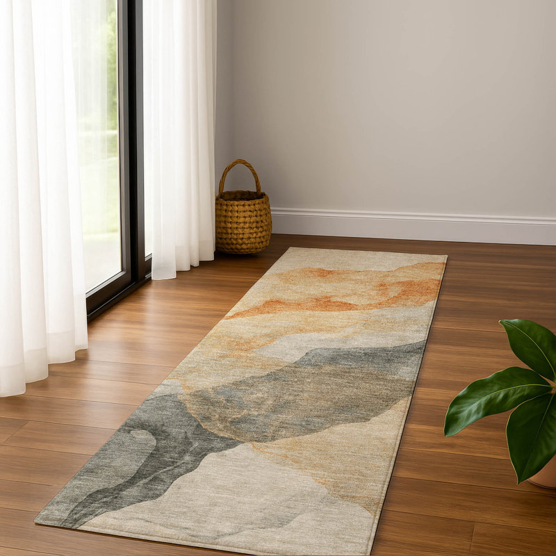 Premium Machine Washable Mayfield AMF2109 Abstract Rug, 2'3" x 7'6" Runner, Orange