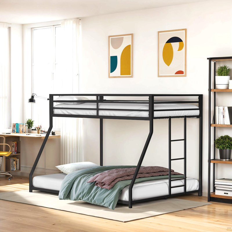 Lit superposé simple au-dessus d'un lit double en métal attaché prêt pour un matelas, Noir mat