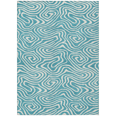 HomeRoots 10' X 14' Teal Blue Abstract Washable Indoor Outdoor Area Rug