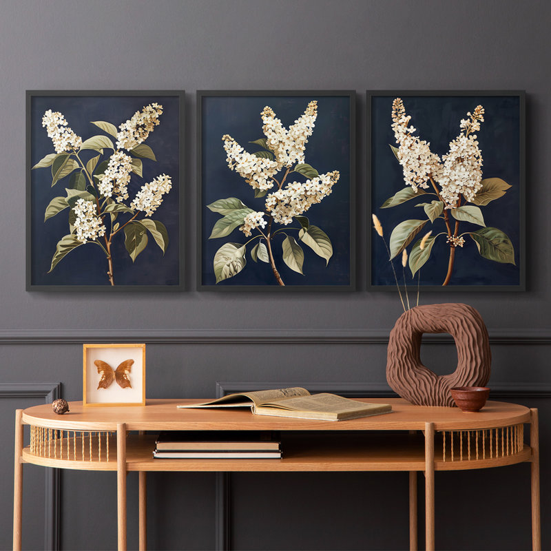 Étude florale série II - Ensemble de 3 estampes numériques encadrées - Prêt à être accroché, Cadre noir, H 14 po x l 11 po