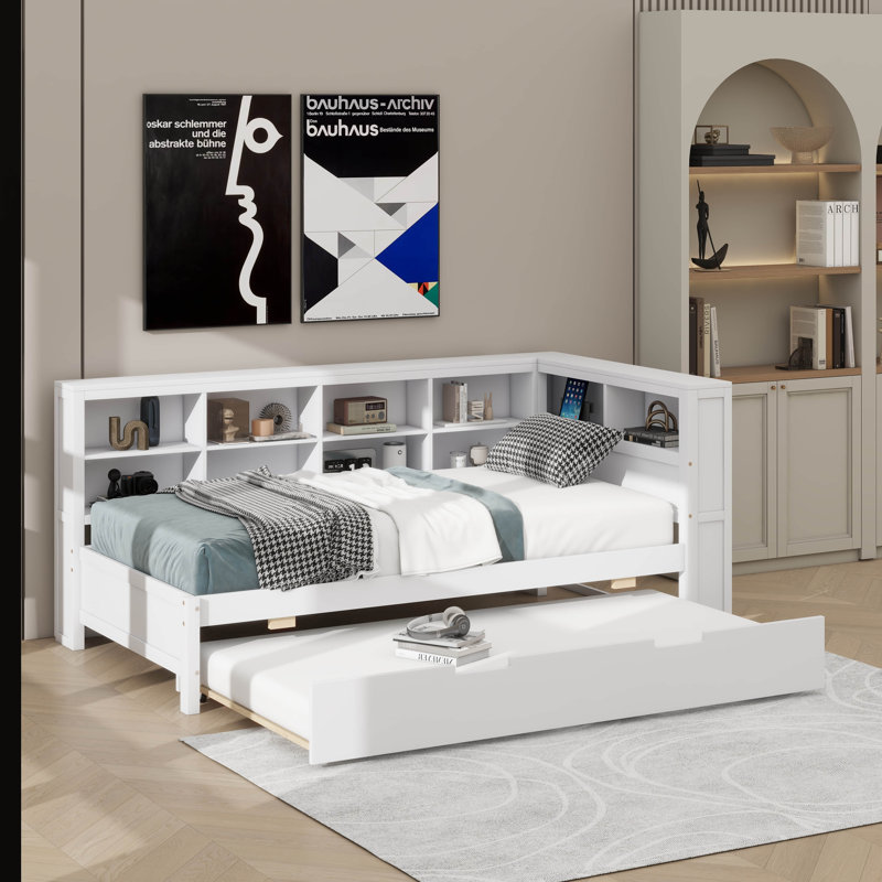 Wooden Twin Size Daybed With Integrated Twin Trundle Bed, Daybed With Storage Shelf And USB Charging Ports, Twin, White