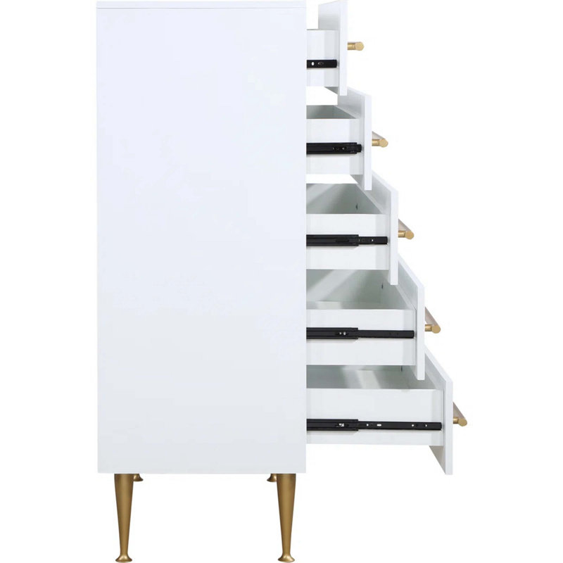 Contemporary 5-Drawer Chest With Gold Accent, 1 Piece Drawer Dresser For Bedroom, Wooden Storage Unit, White, White