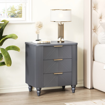 Table d'appoint 3 tiroirs gris foncé avec design incurvé - Collision, assemblage facile, convient aux tiroirs de la table de chevet moderne, rainure ondulée, pieds en forme de gourde, gris