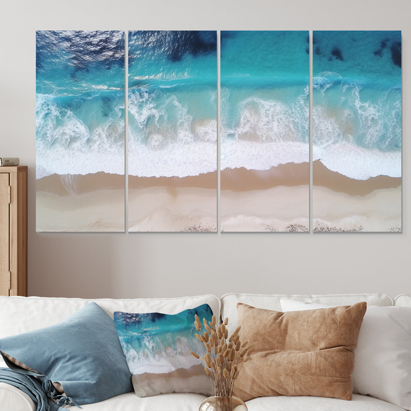 Vagues blanches et bleues vue aérienne III - plage côtière, ensemble de 4 décorations murales, H 32 po x l 64 po