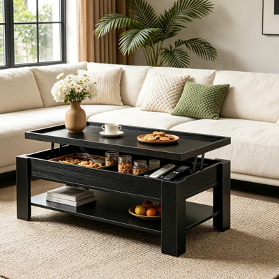 Table basse à plateau relevable avec rangement caché, bureau de table en bois avec mécanisme hydraulique, grand compartiment caché et tablette pour le salon