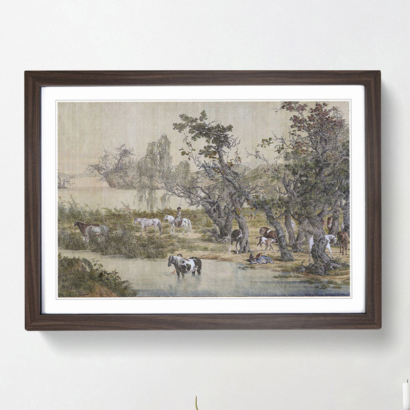 Horses by the Stream by Lang Shining - Picture Frame Art Print, 36cm H x 48cm W x 2cm D, Walnut Framed