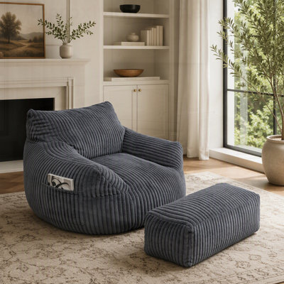 Pouf géant rond et confortable avec repose-pieds, fauteuil pouf moelleux et douillet pour adultes, idéal pour le salon et la chambre.