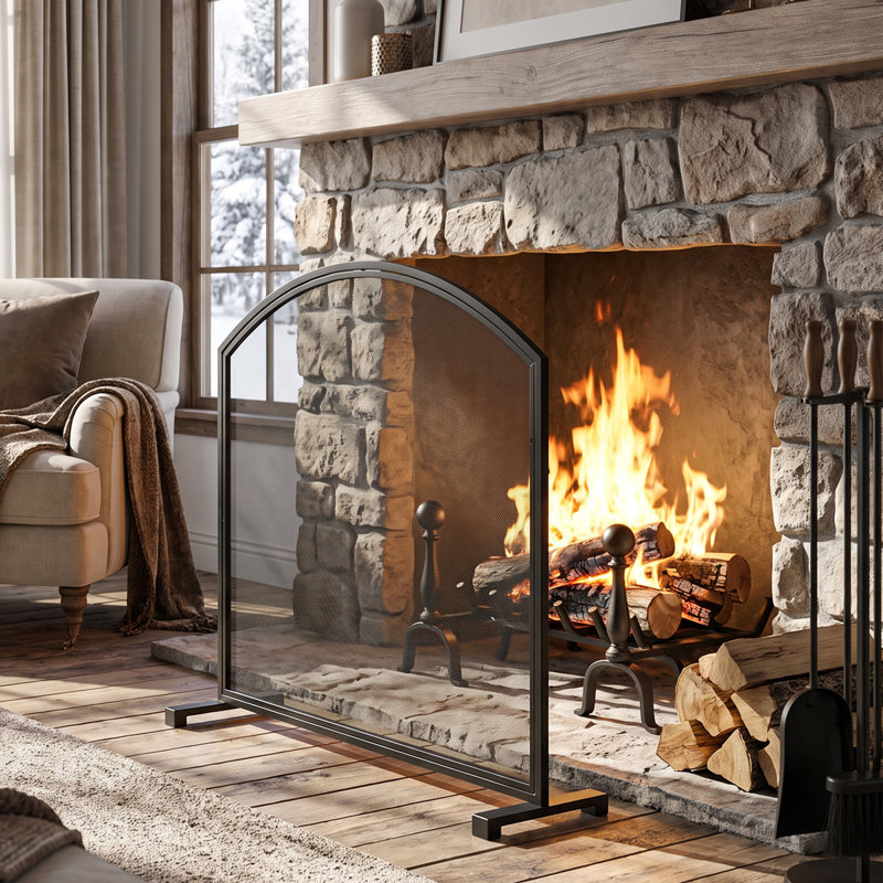 Fireplace Screen with Doors Iron 1 Piece Black Easy Access Doors