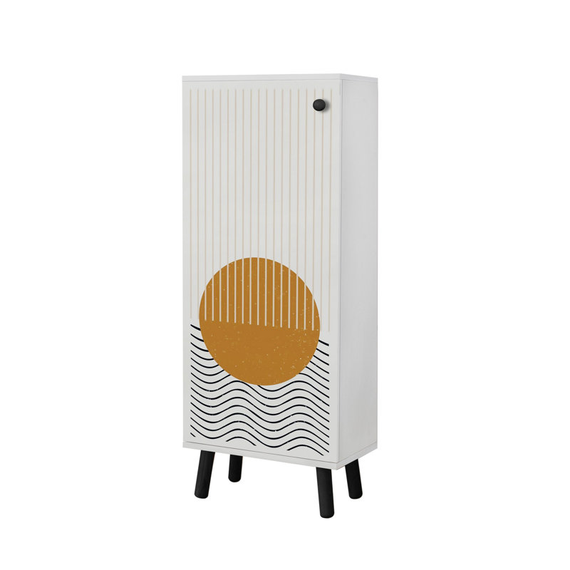 Stylish Shoe Cabinet with Solid Wood Legs & Handles, White/Black, 19.7 x 53.1 x 15.0 inches | 100% Melamine Coated Chipboard, UV Coating, Abstract Geometric Design | Ample Storage with Numerous Shelves