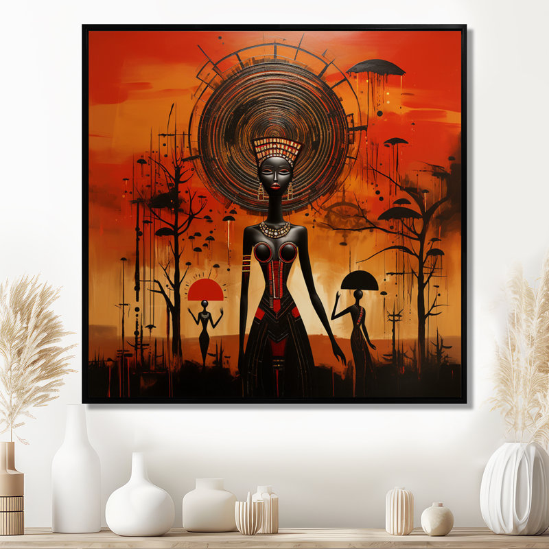Pleine lune déesse, paysage abstrait minimal - art mural africain, Cadre flottant noir, H 16 po x l 16 po x P 1 po