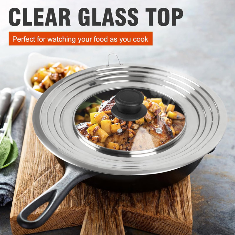 Couvercle de casserole universel en acier inoxydable de 8,2 à 12,5 pouces avec fenêtre en verre et évent à vapeur - couvercle de batterie de cuisine multi-tailles