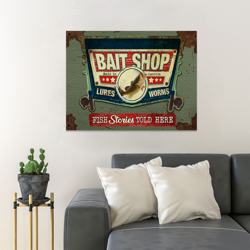 Fish On Bait Shop Poster - Fish Stories Told Here - Wrapped Canvas Rectangle Graphic Art Print, 24" H x 36" W x 2" D