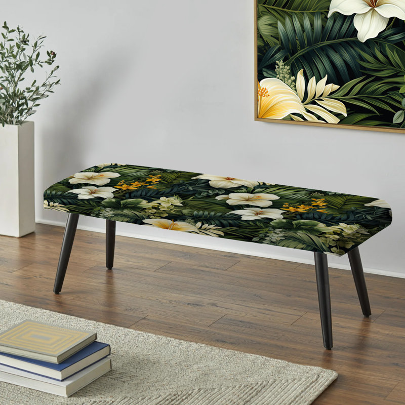 Boho Botanical Oasis Palm I - Tropical Upholstered Black Bench