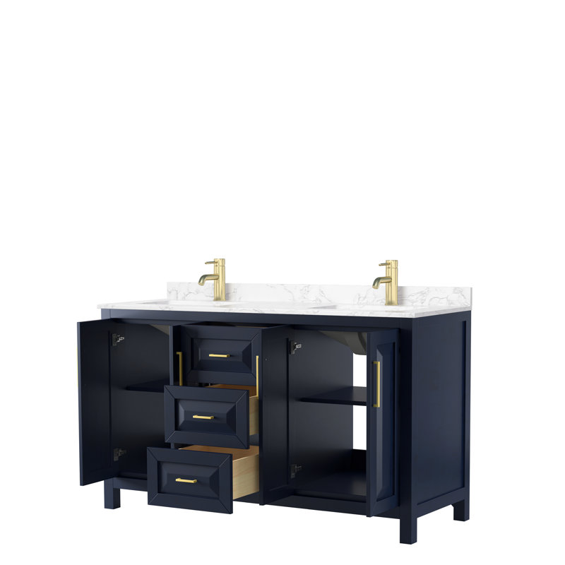 Daria 60'' W Double Vanity, Carrara Cultured Marble, Dark Blue, Brushed Gold