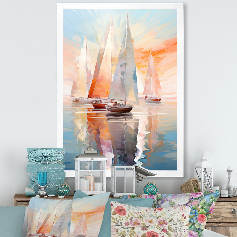 Minimalisme, voilier, rythme, art mural, Cadre simple blanc, H 44 po x l 34 po x P 1,5 po