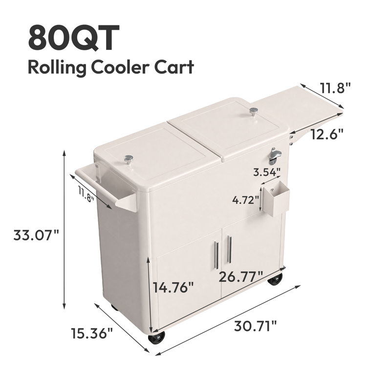 Winado 80 qt. Milky White Outdoor Cooler Cart With Cabinet And Foldable Side Table, Milky White