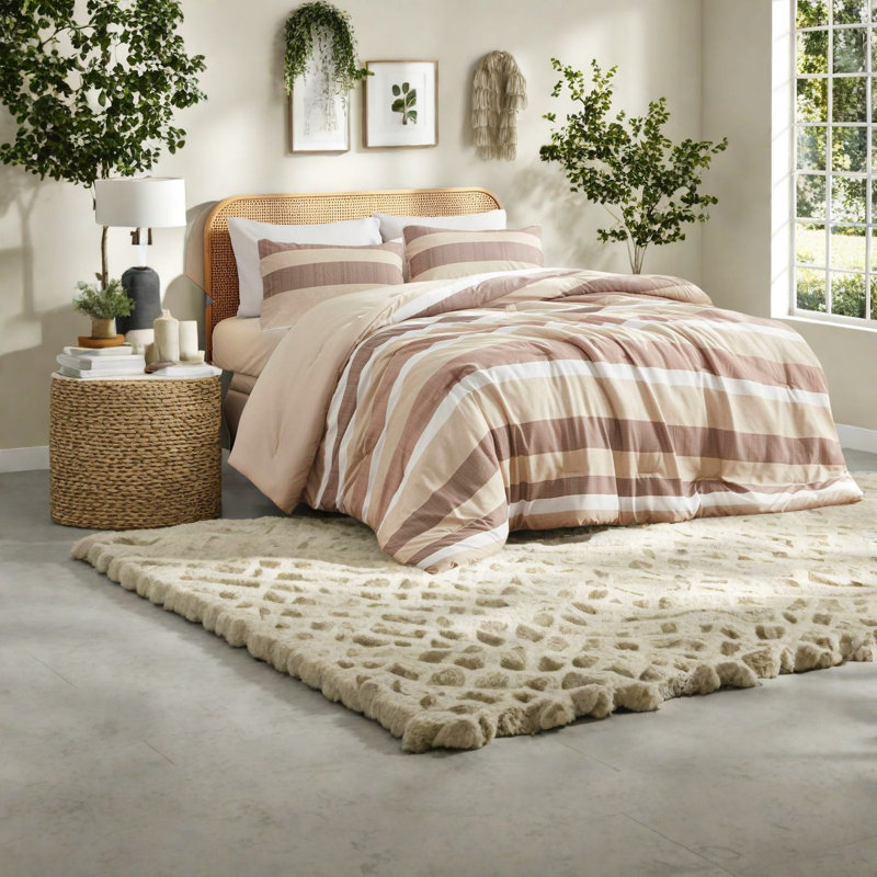 Soft Terracotta 3-piece Bedding Set, Polyester Comforter With Textured Stripes, Full/queen Size