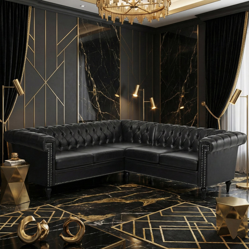 Canapé modulaire en L Chesterfield réversible en L avec accoudoirs roulés et garniture cloutée, Noir
