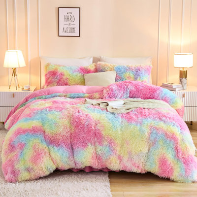 Andency Faux Fur Tie-Dyed Rainbow Comforter King Size, 3 Pieces Fluffy Fuzzy Plush Bedding Comforter Set (1 Shaggy Velvet Comforter & 2 Pillowcases), Soft Puffy Comfy Down Comforter Bedding Set