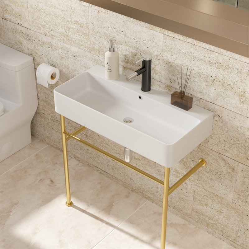 Lavabo de console de salle de bain 31,5 "avec trop-plein, console en céramique cuve blanche avec pieds dorés