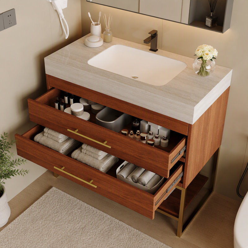 Meuble-lavabo autoportant moderne de 29,9 po avec lavabo sous comptoir en céramique frittée et tablette inférieure pour les petites salles de bain, appartement