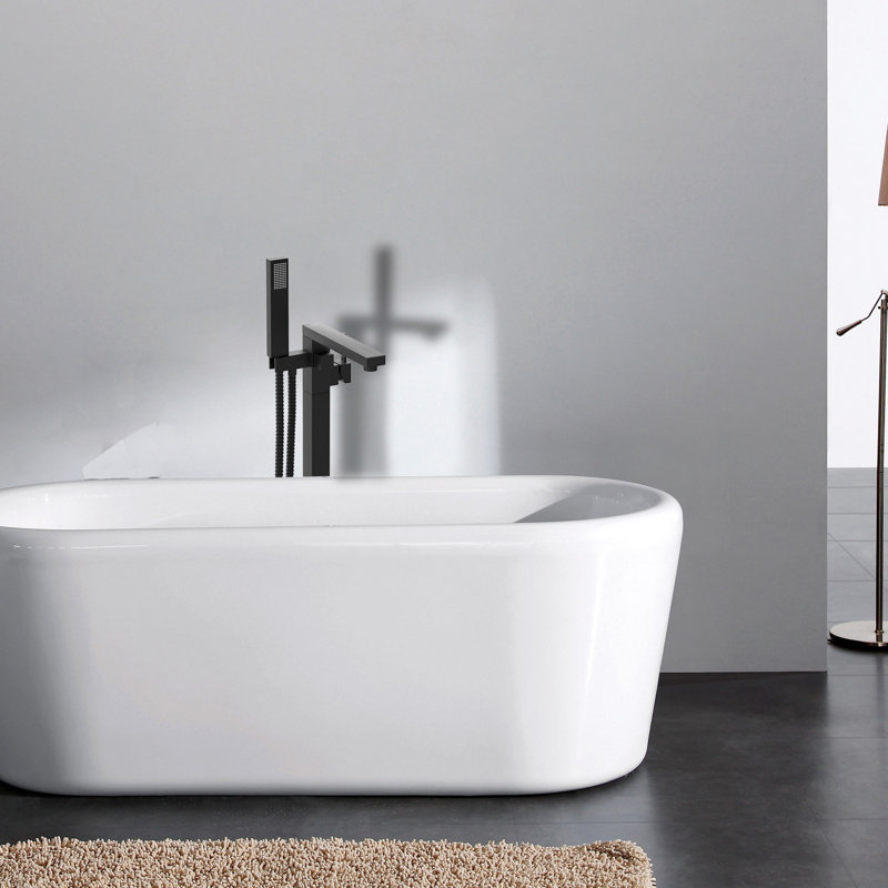 Robinet de baignoire autoportant en métal avec pomme de douche amovible noir mat et douche à main ergonomique, tendance