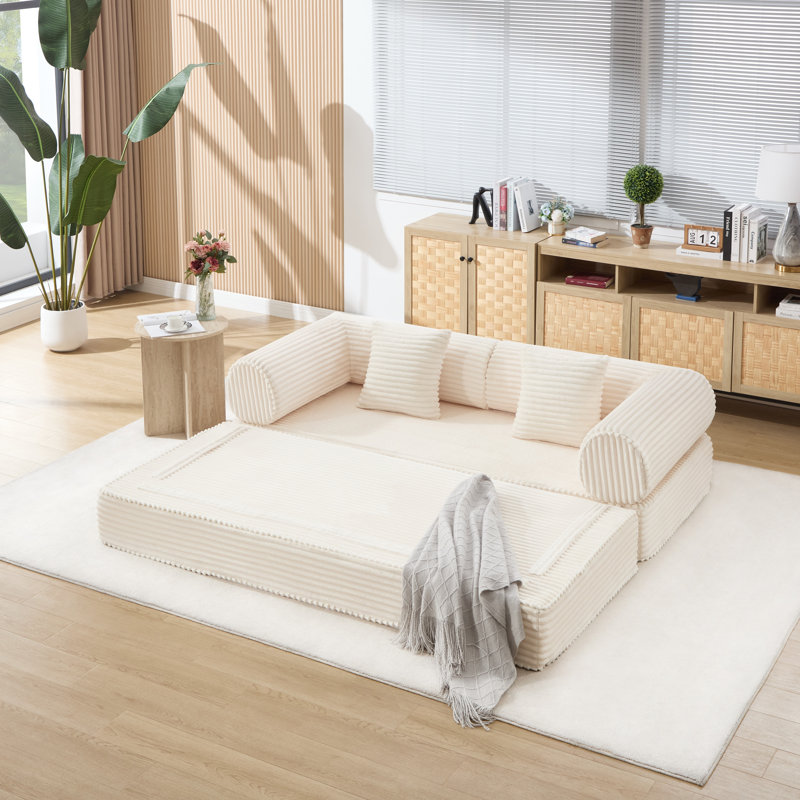 Foldable Compression Modular Corduroy Sofa Bed, Convertible With Deep Seat And Soft Cushions, No Assembly Required, Beige