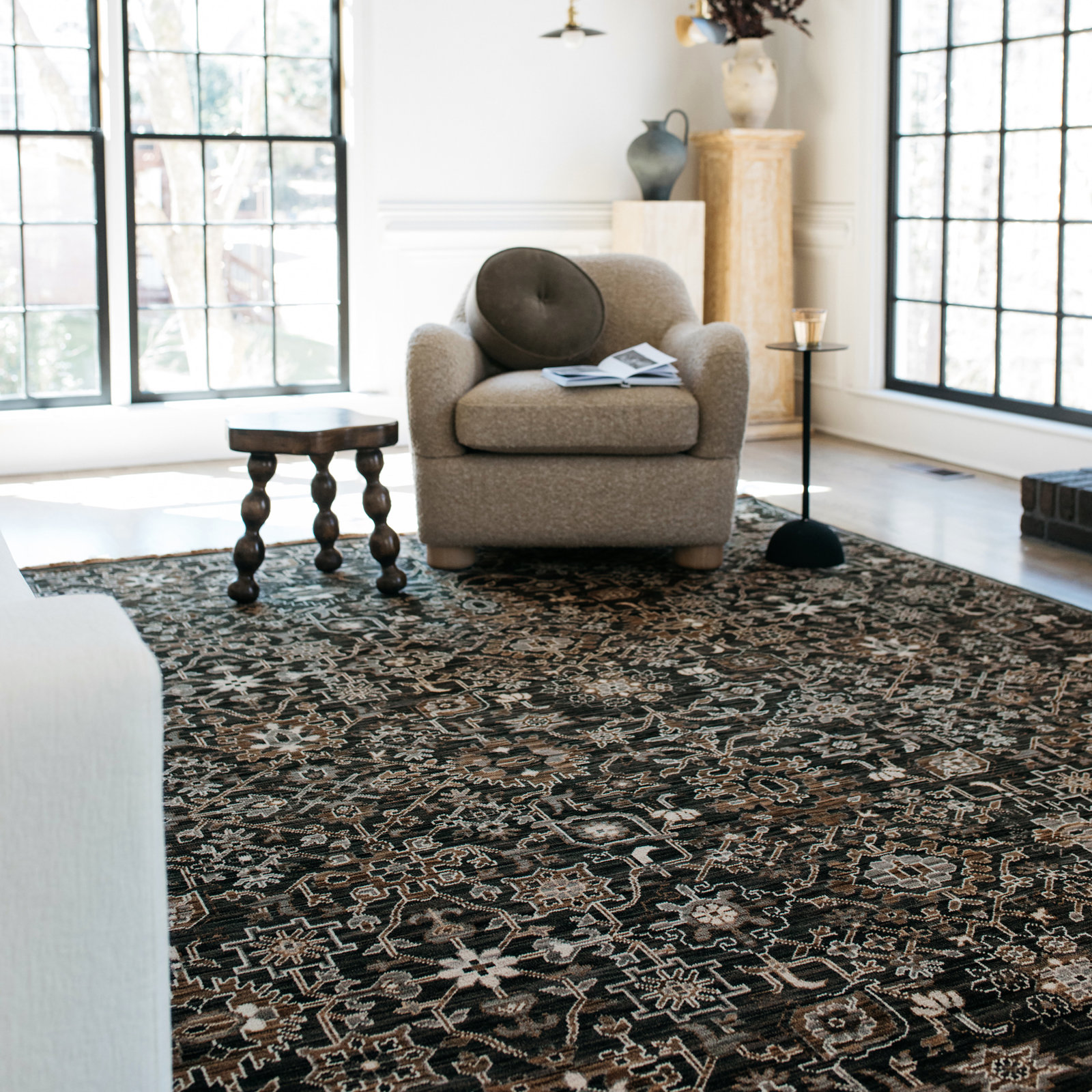 Abena Charcoal Tan Borderless Oriental Wool Rug, Rectangle 9'10" x 12'10"