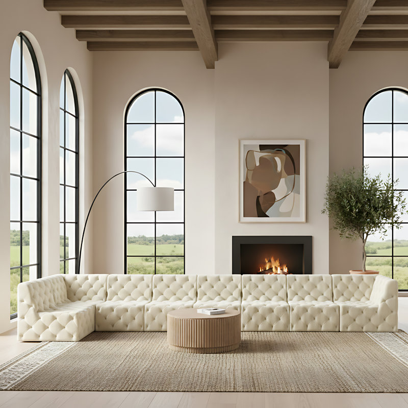 Canapé modulaire réversible en velours de 186 po de largeur Klecka, Velours crème