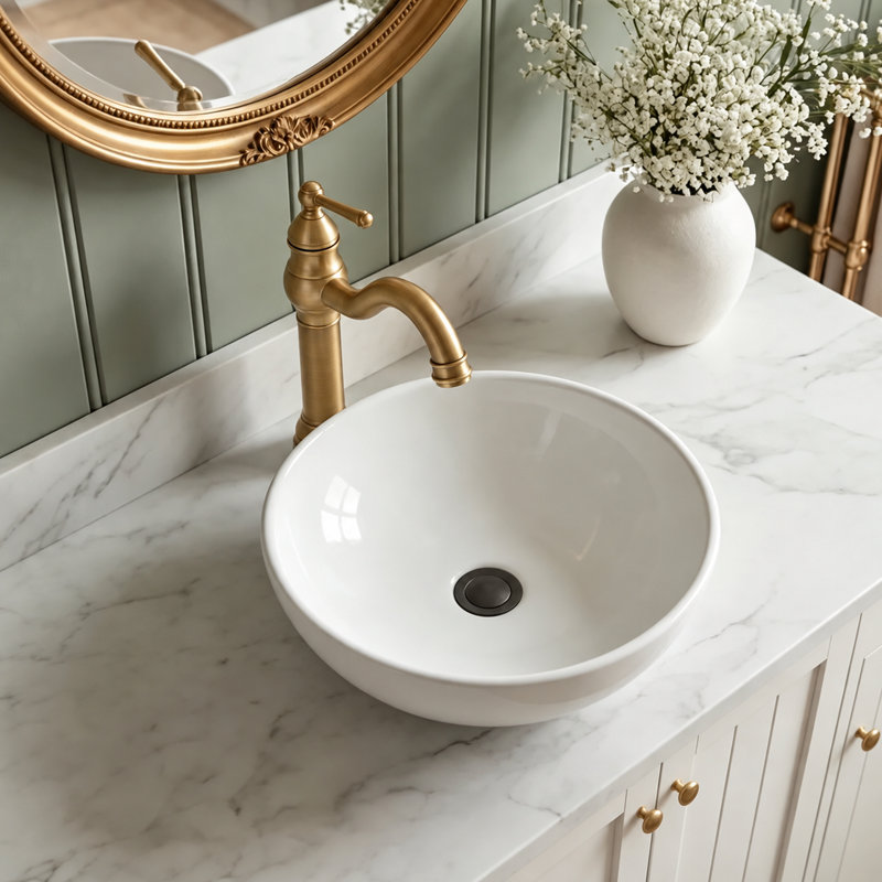 Vessel Sink Faucet, Single Handle Bathroom Faucet with 360° Swivel Gooseneck Spout, Antique Brass