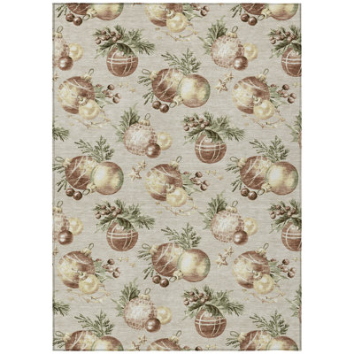 Machine Washable Indoor/Outdoor Christmas Balls Xhevrie Beige Rug