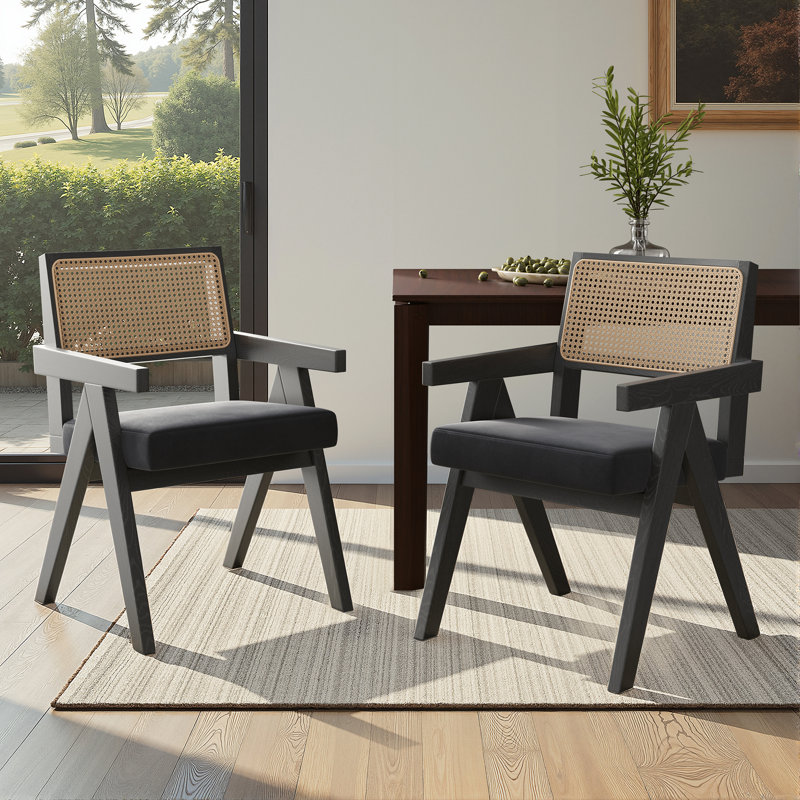 Rattan Dining Chair with Solid Wood Frame, Black
