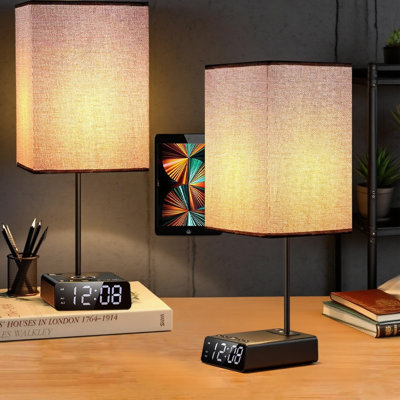 Wireless Charging Table Lamps Set Of 2 With USB Ports, AC Outlets, Digital Alarm Clock, Dimmable Touch Control Nightstand Lamps For Bedroom Living Room